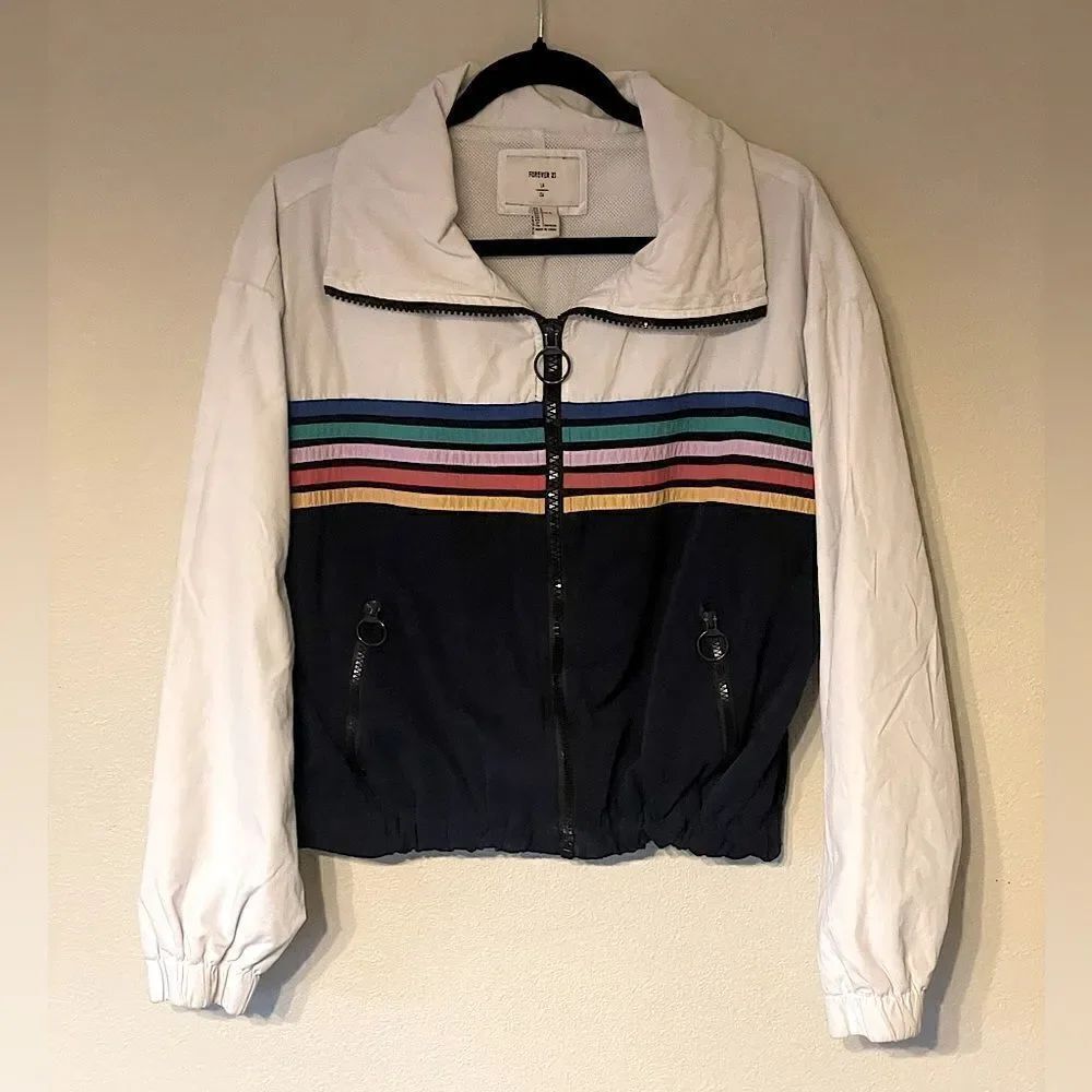 Forever 21 Blue/White & Rainbow, Long-Sleeve, Short, Zip-Up, Jacket. Size Large